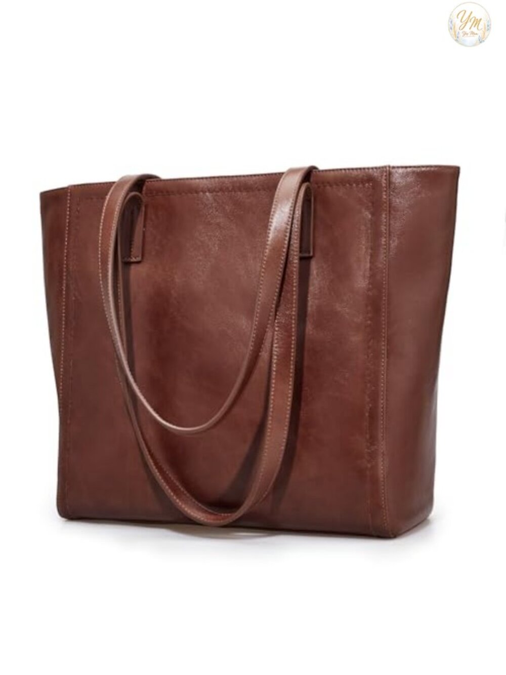 Genuine Leather Work Tote Bag with Zipper, Fits 14" Laptop, Travel